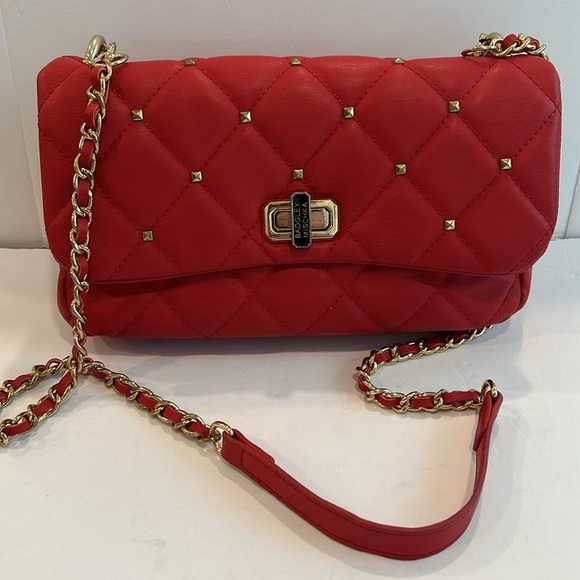 Badgley Mischka Red Quilted Shoulder Bag Clutch Gold Chain Studs Vegan Leather - Picture 7 of 10